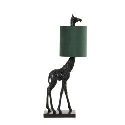 Photo de profil droit lampe à poser avec un corps de girafe noir et un abat-jour en velours vert