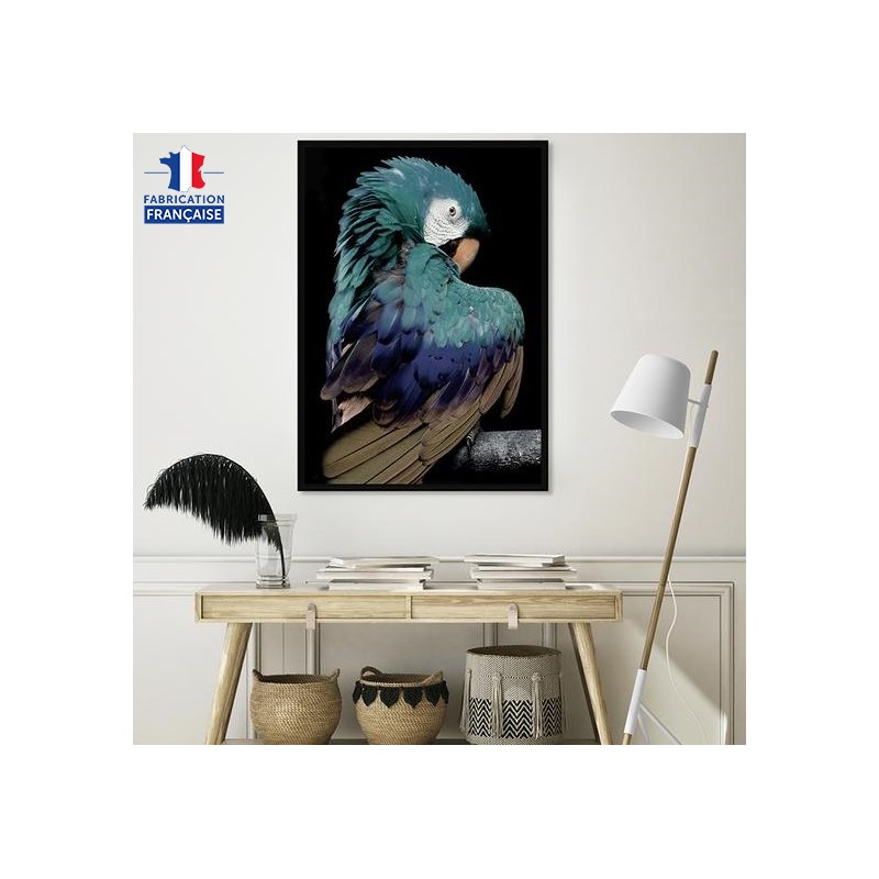Photo d'ambiance de la toile encadrée représentant un perroquet bleuté