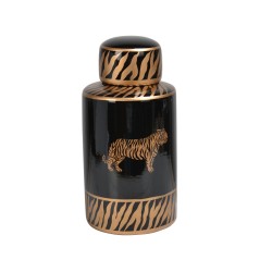 Petit modèle du pot en faïence noir avec des motifs coloris or tel qu'un léopard.
